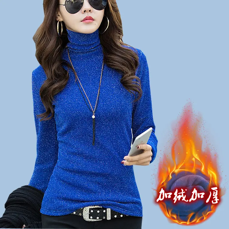 Women Blue Silk Fleece High Collar Long Sleeve Shirt - Image 5