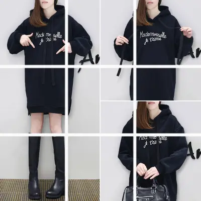Women Black Lettered Fleece Hoodie Mid Length Sweatshirt Set - Image 2