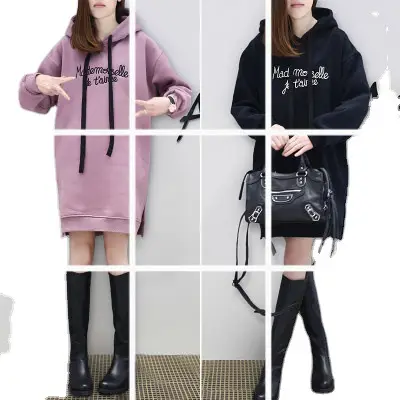 Women Black Lettered Fleece Hoodie Mid Length Sweatshirt Set - Image 3