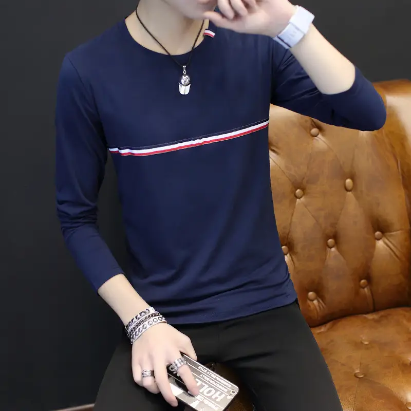 Men Korean Style Long Sleeve T-Shirt White Red Stripes - Image 6