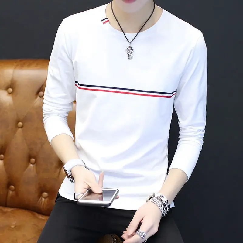 Men Korean Style Long Sleeve T-Shirt White Red Stripes - Image 7