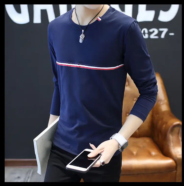 Men Korean Style Long Sleeve T-Shirt White Red Stripes - Image 8