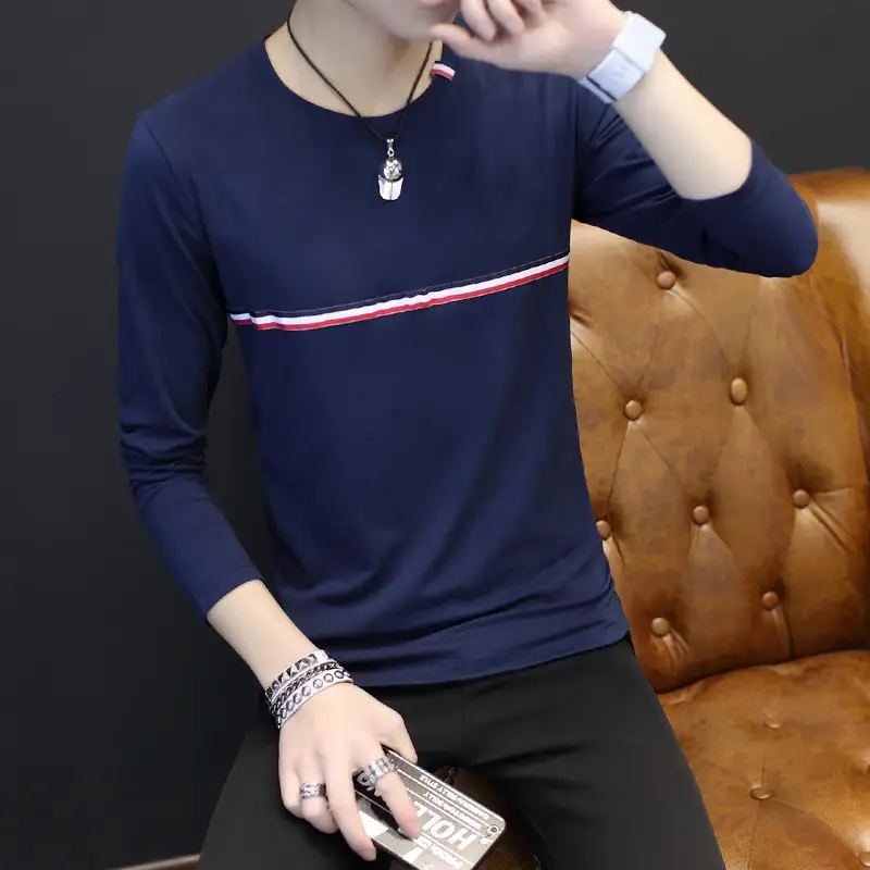 Men Korean Style Long Sleeve T-Shirt White Red Stripes - Image 3