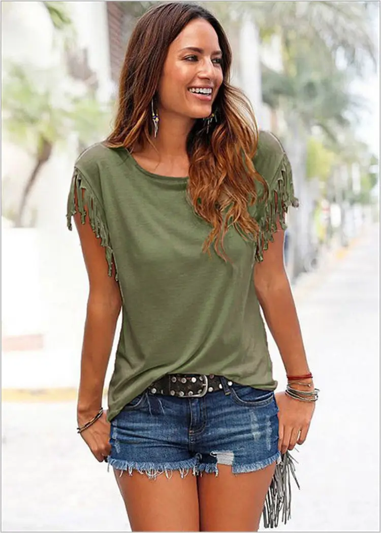 Women Black Cuff Tassel Top with Shorts - Image 3