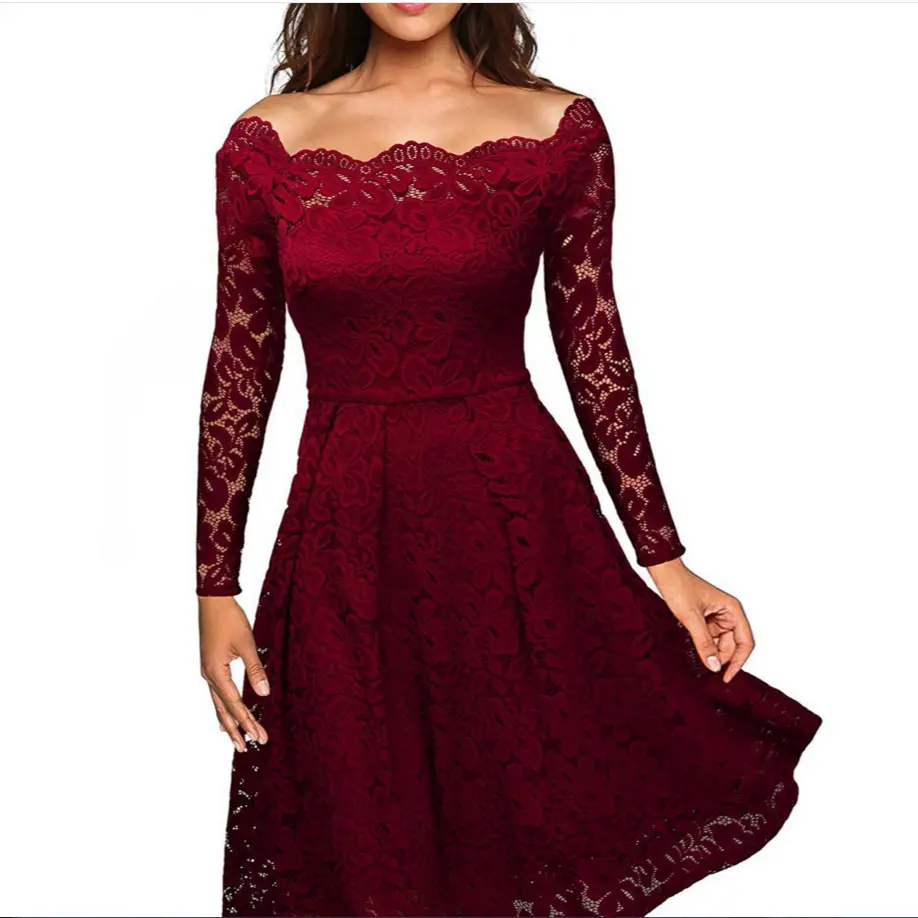 Maroon Lace One-Lined Evening Gown Large Hem - Image 9