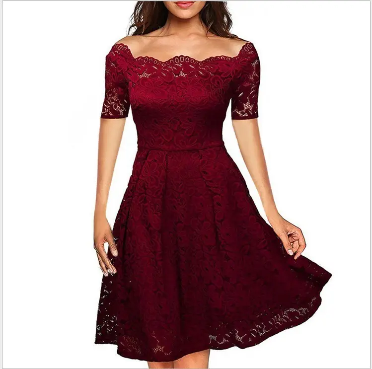 Maroon Lace One-Lined Evening Gown Large Hem - Image 5