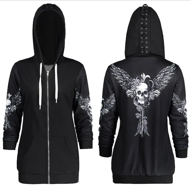 Black Skull Wings Hoodie with Lace-Up Back - Image 2