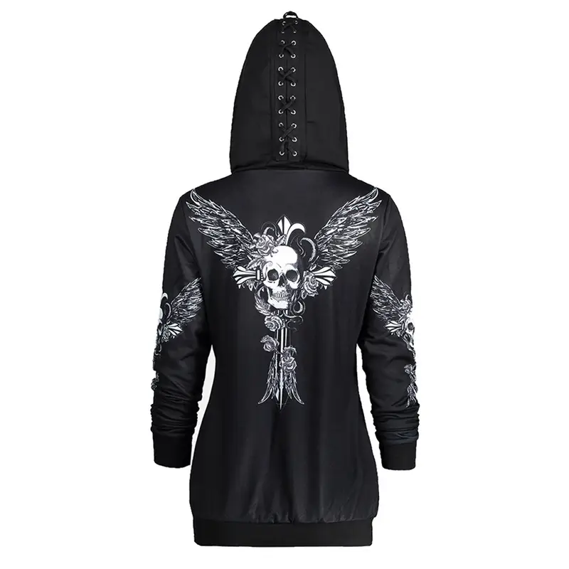 Black Skull Wings Hoodie with Lace-Up Back - Image 4
