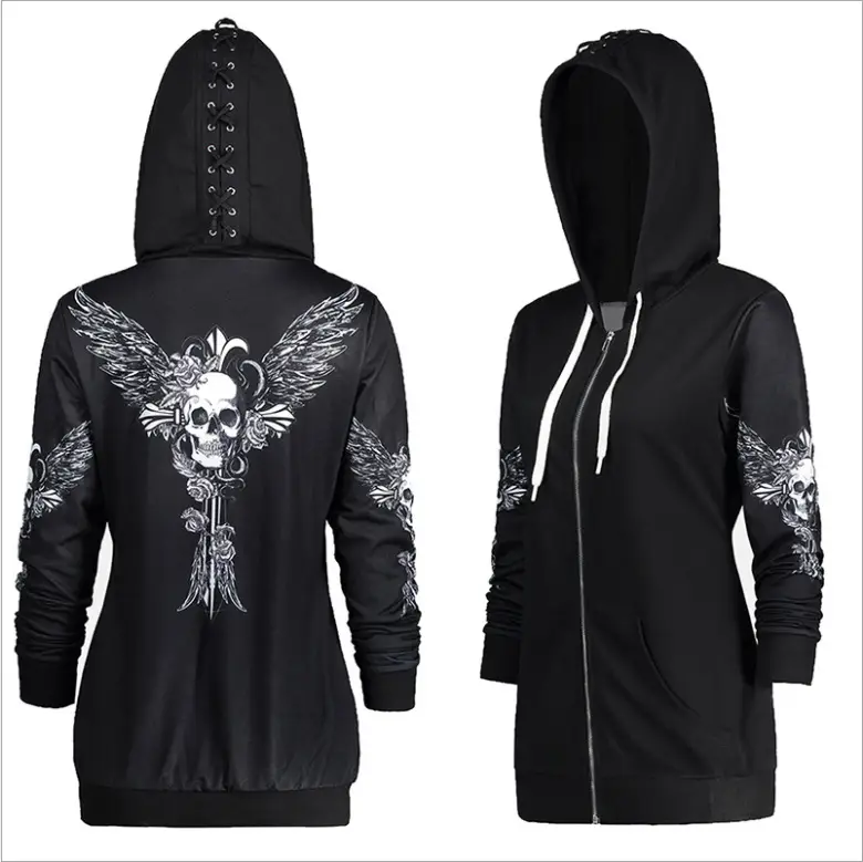 Black Skull Wings Hoodie with Lace-Up Back — feature 3