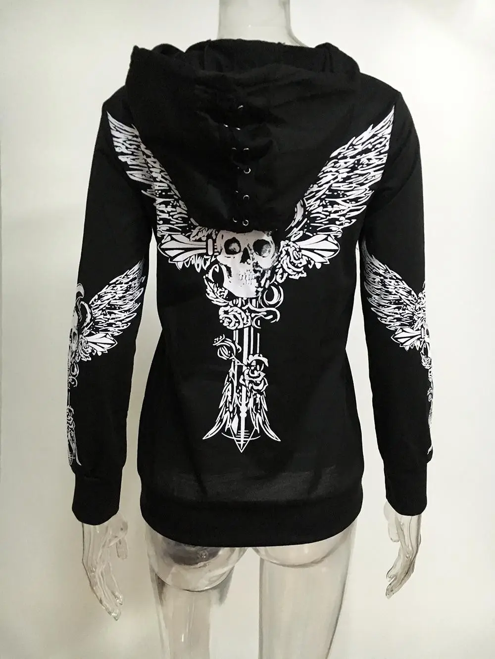 Black Skull Wings Hoodie with Lace-Up Back — feature 6