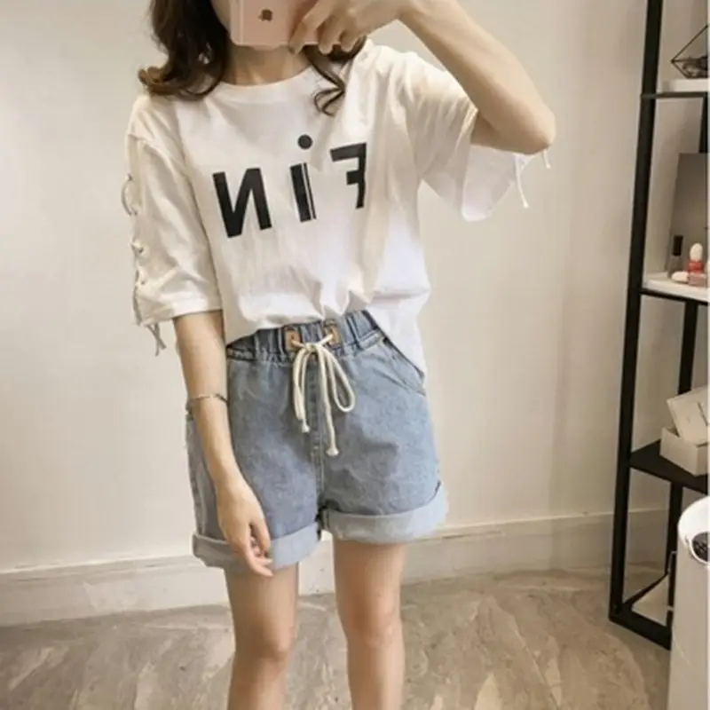 Women's MiF Print Cotton T-Shirt & Denim Shorts Set