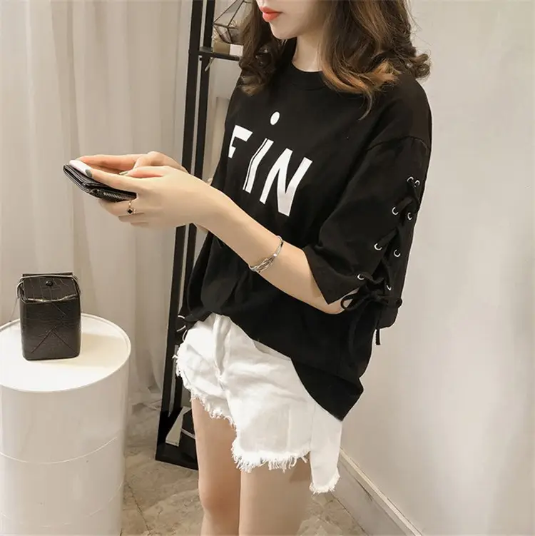 Women's MiF Print Cotton T-Shirt & Denim Shorts Set — feature 12