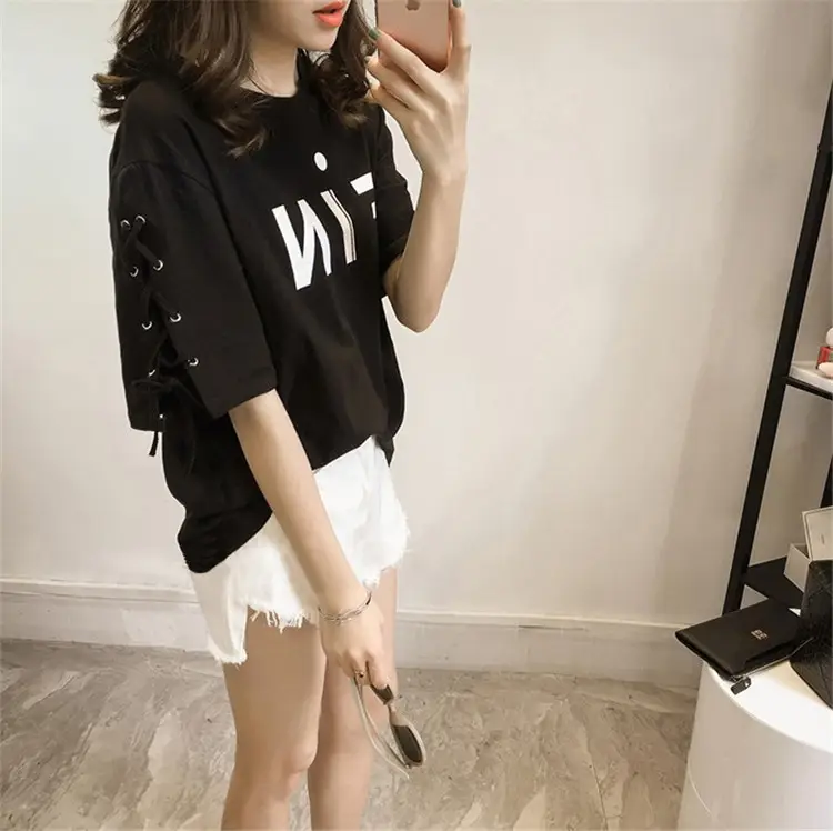 Women's MiF Print Cotton T-Shirt & Denim Shorts Set — feature 14