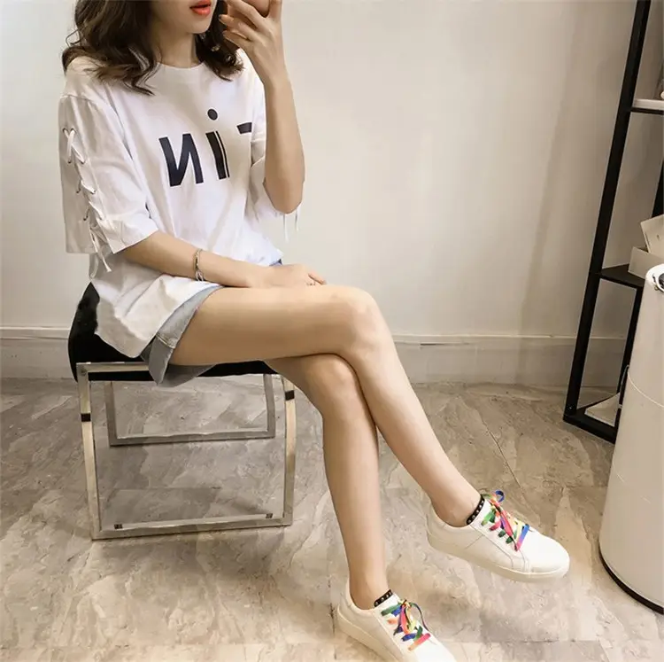 Women's MiF Print Cotton T-Shirt & Denim Shorts Set — feature 19