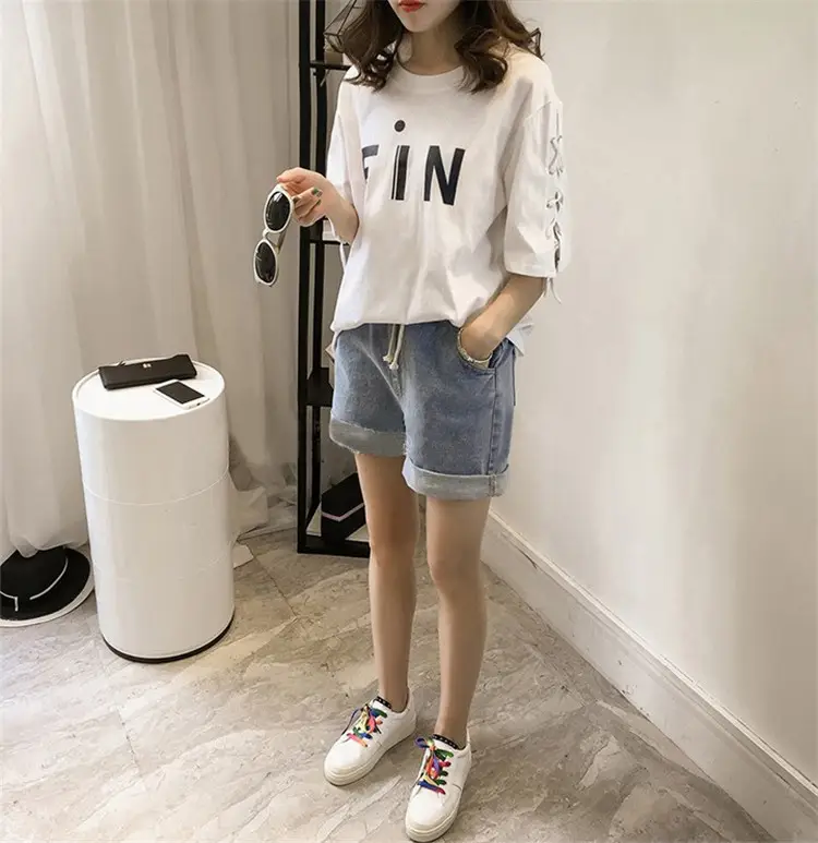 Women's MiF Print Cotton T-Shirt & Denim Shorts Set — feature 20