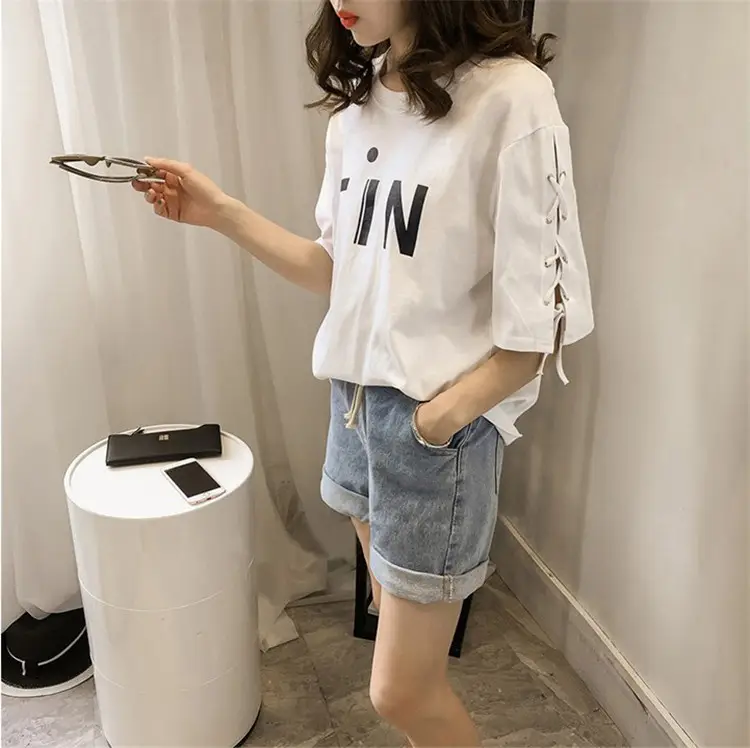Women's MiF Print Cotton T-Shirt & Denim Shorts Set — feature 21