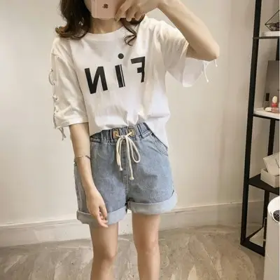 Women's MiF Print Cotton T-Shirt & Denim Shorts Set — feature 24