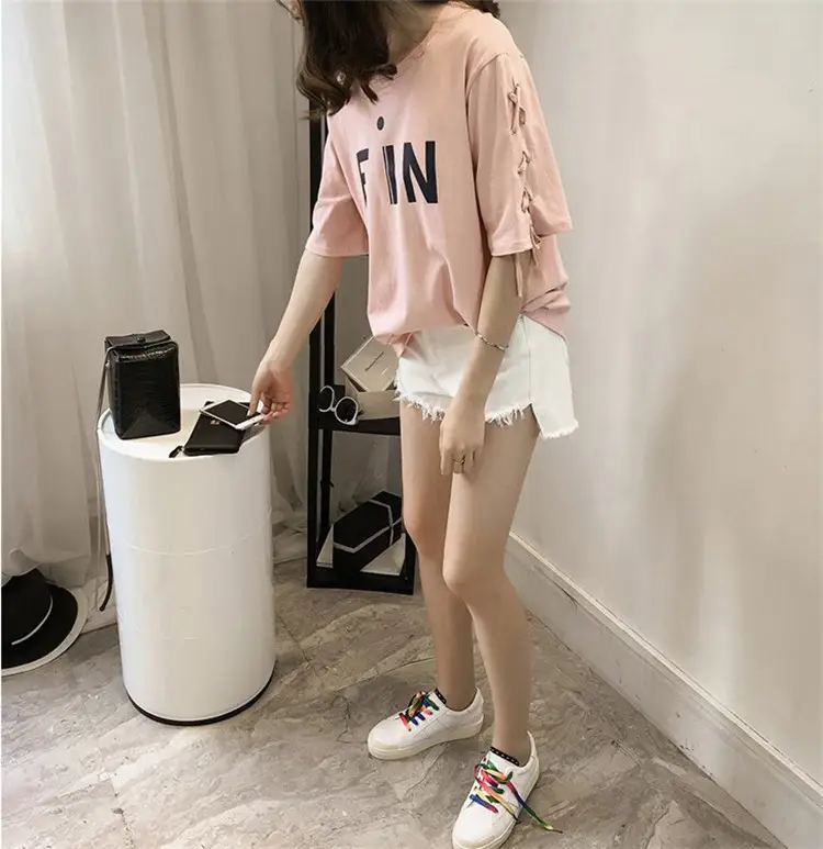 Women's MiF Print Cotton T-Shirt & Denim Shorts Set — feature 8