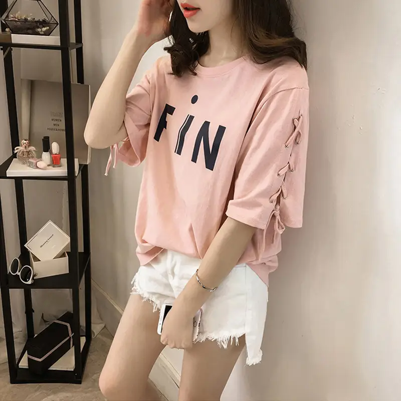 Women's MiF Print Cotton T-Shirt & Denim Shorts Set — feature 9