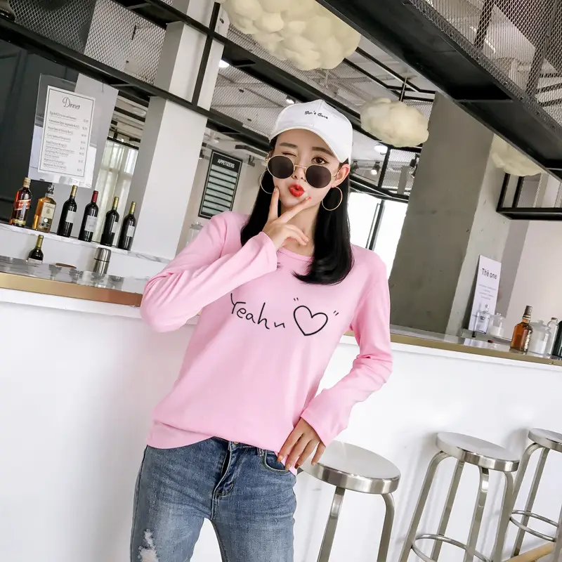 Women Korean Style Pink Heart Print Long Sleeve T-Shirt - Image 9
