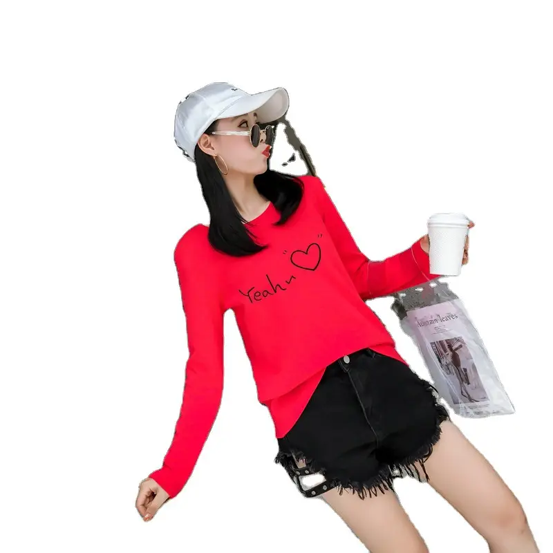 Women Korean Style Pink Heart Print Long Sleeve T-Shirt - Image 10