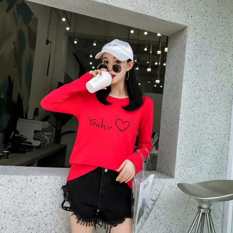 Women Korean Style Pink Heart Print Long Sleeve T-Shirt — feature 31