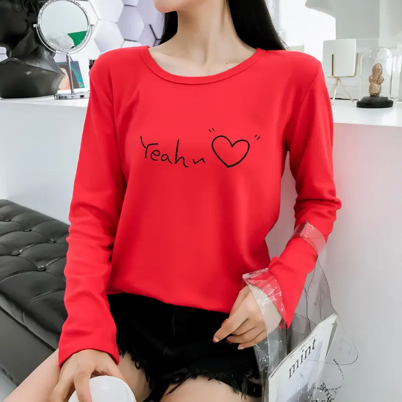 Women Korean Style Pink Heart Print Long Sleeve T-Shirt — feature 32