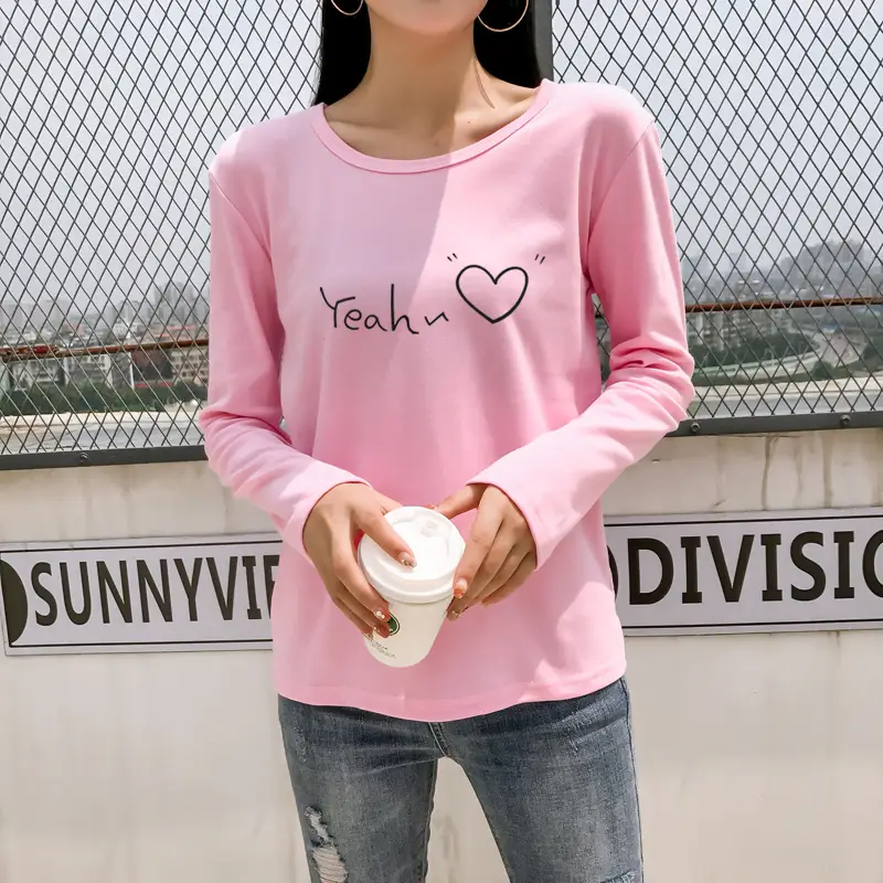 Women Korean Style Pink Heart Print Long Sleeve T-Shirt — feature 35