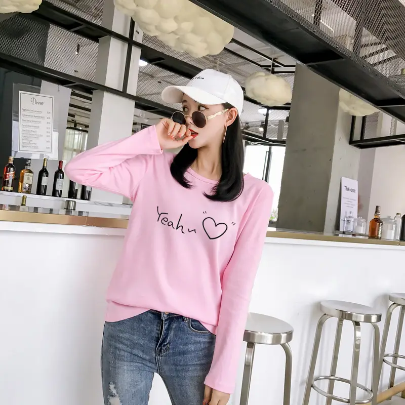 Women Korean Style Pink Heart Print Long Sleeve T-Shirt — feature 38