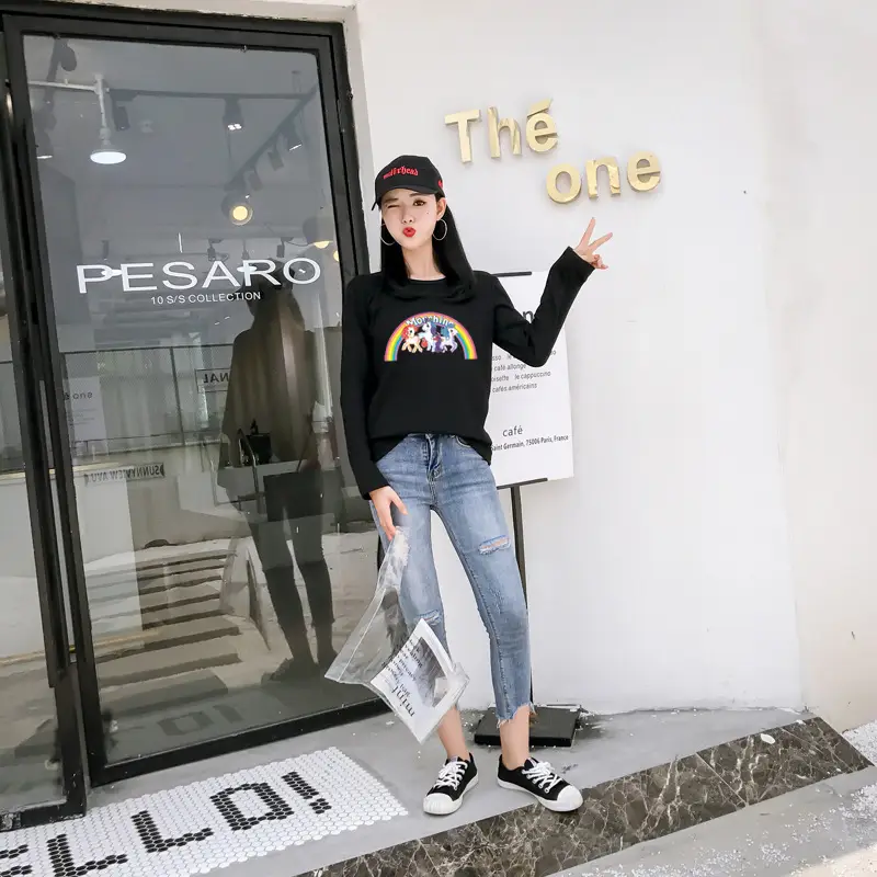 Women's Long Sleeve Rainbow Unicorn T-Shirt Black 2025 — feature 13