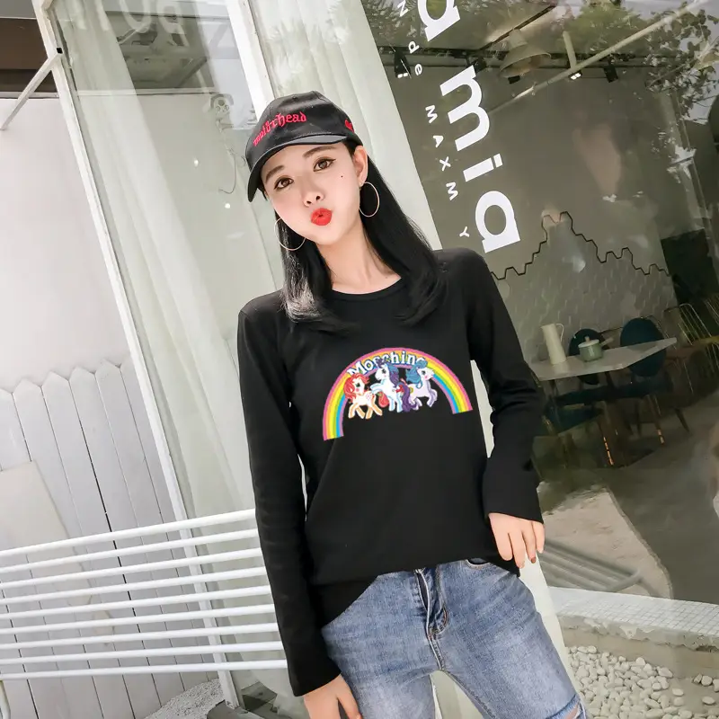 Women's Long Sleeve Rainbow Unicorn T-Shirt Black 2025 — feature 14