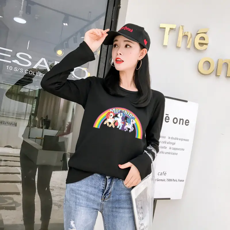 Women's Long Sleeve Rainbow Unicorn T-Shirt Black 2025 — feature 16