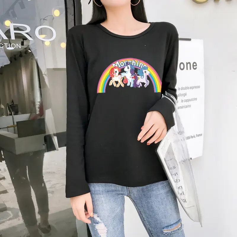 Women's Long Sleeve Rainbow Unicorn T-Shirt Black 2025 — feature 18