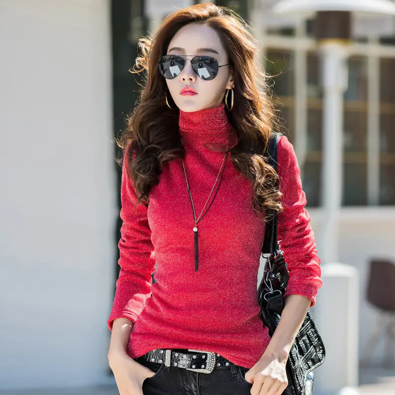 Women's Yellow Velvet Turtleneck Long Sleeve Top - Image 3