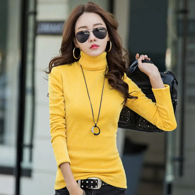 Women's Yellow Velvet Turtleneck Long Sleeve Top - Image 4