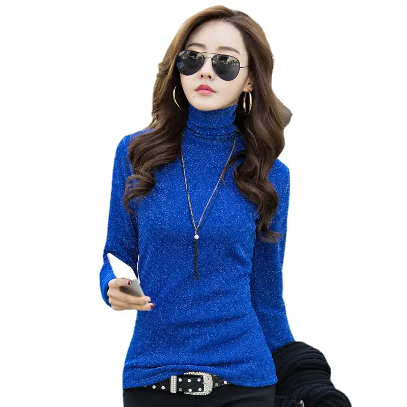 Women's Yellow Velvet Turtleneck Long Sleeve Top - Image 8