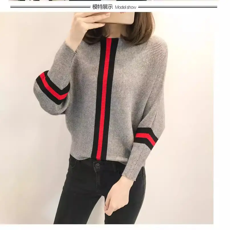 2025 Gray Red Stripe Pullover Sweater for Women