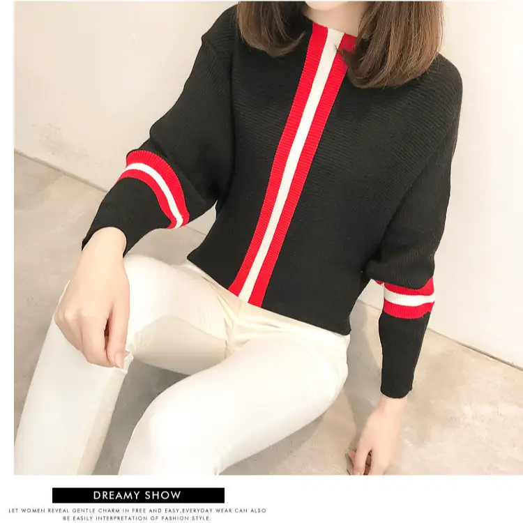 2025 Gray Red Stripe Pullover Sweater for Women