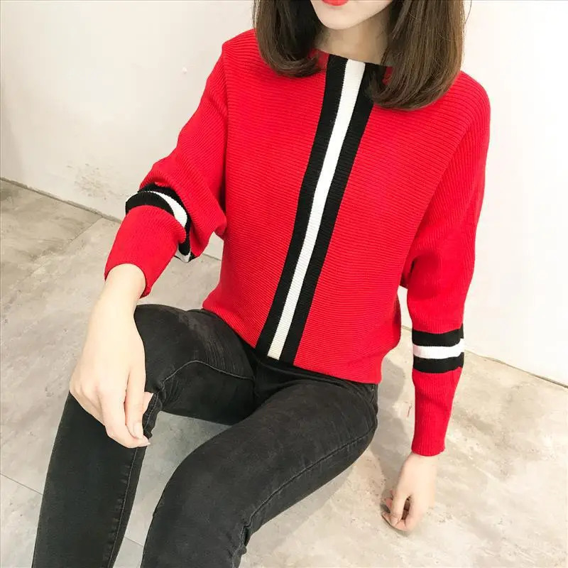 2025 Gray Red Stripe Pullover Sweater for Women
