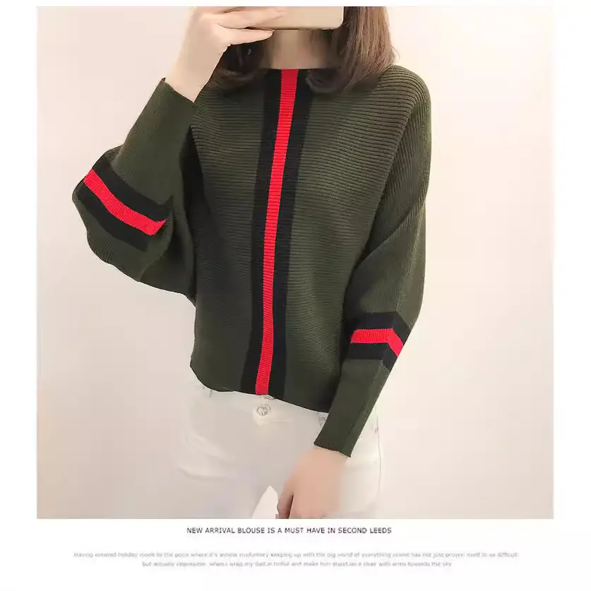 2025 Gray Red Stripe Pullover Sweater for Women