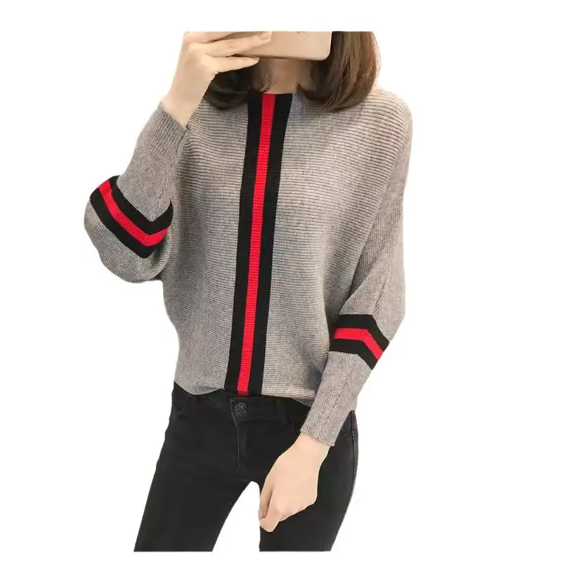 2025 Gray Red Stripe Pullover Sweater for Women