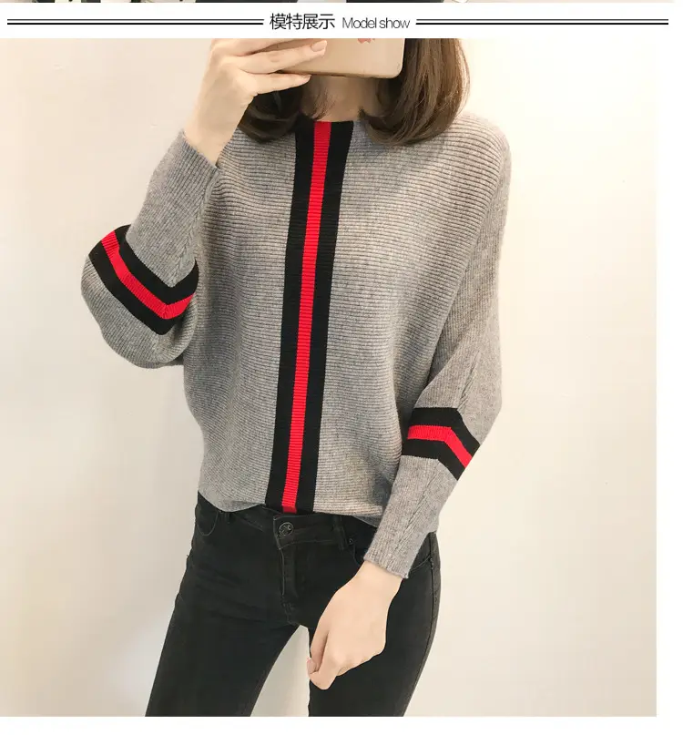 2025 Gray Red Stripe Pullover Sweater for Women