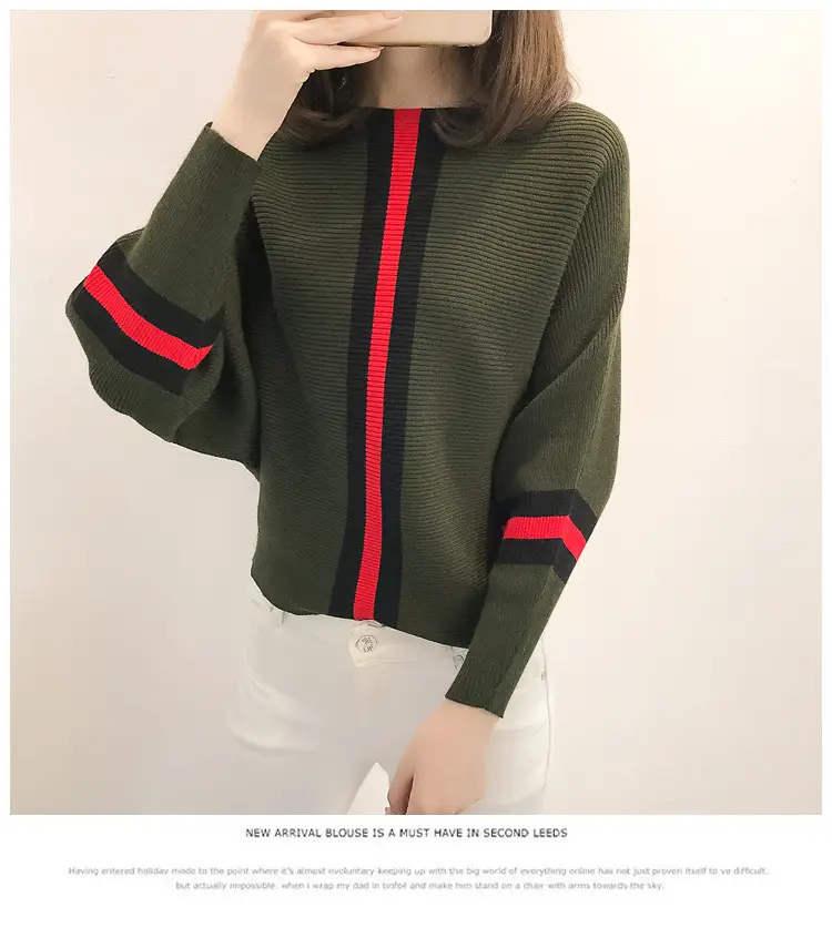 2025 Gray Red Stripe Pullover Sweater for Women