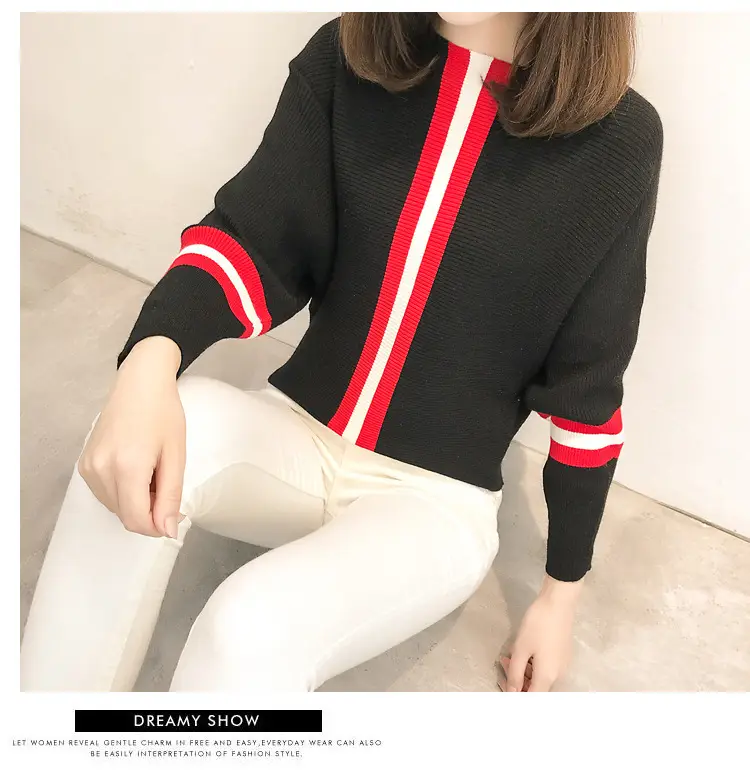2025 Gray Red Stripe Pullover Sweater for Women