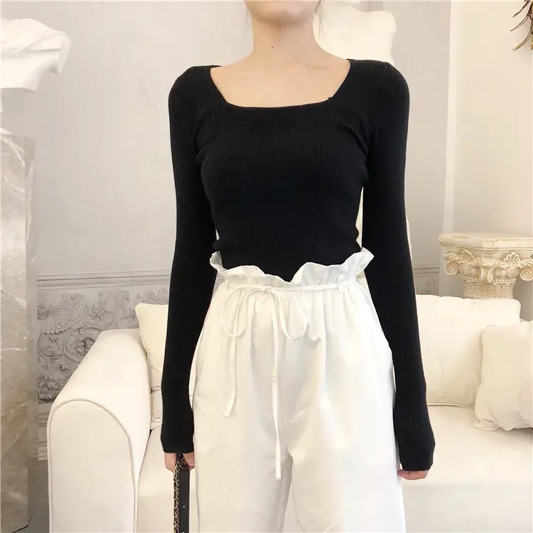 Women's Brown Knit Long Sleeve Top with Drawstring Waist