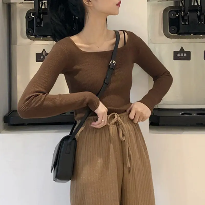 Women's Brown Knit Long Sleeve Top with Drawstring Waist