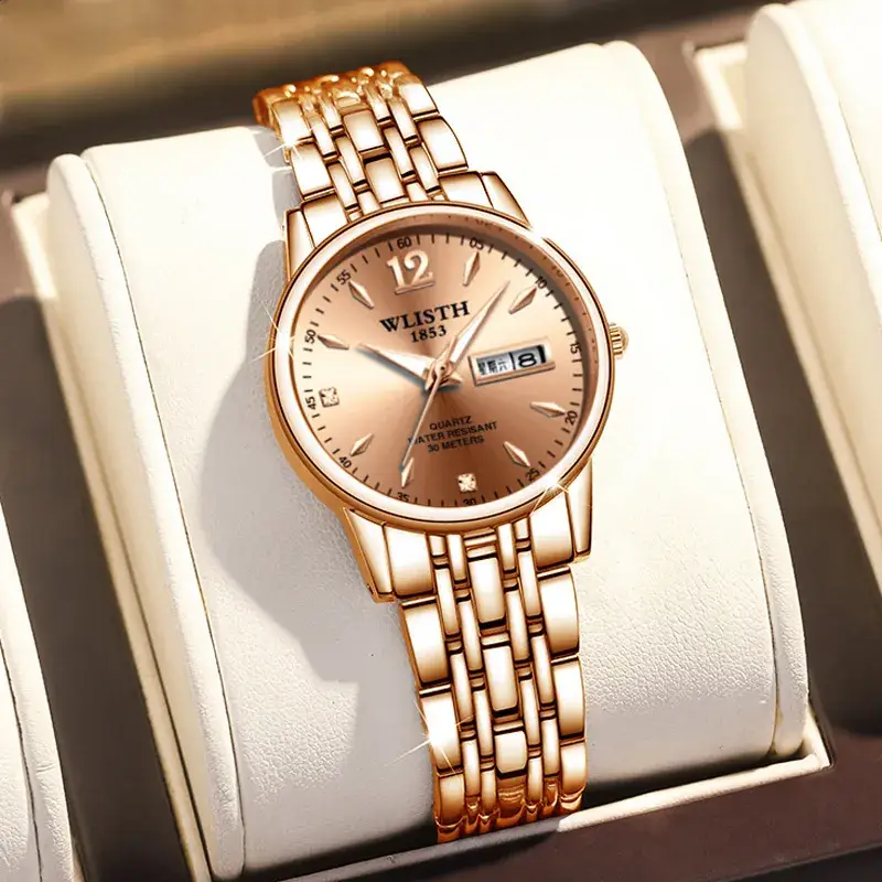 Women's Gold Plated Dual Calendar Quartz Watch with Luminous Dial - Image 9
