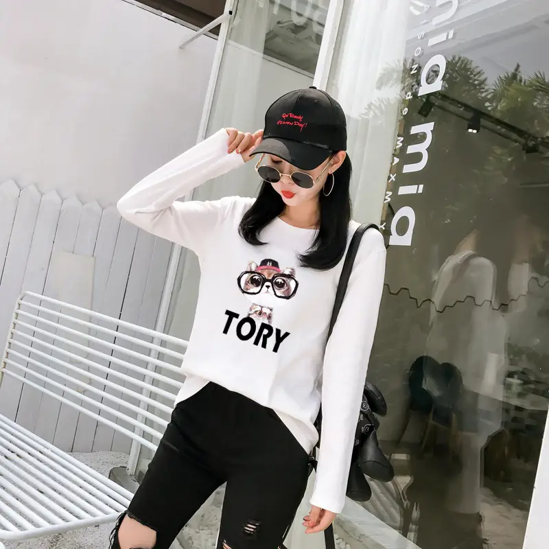 Women White Motorcycle Print Long Sleeve T-Shirt — feature 3