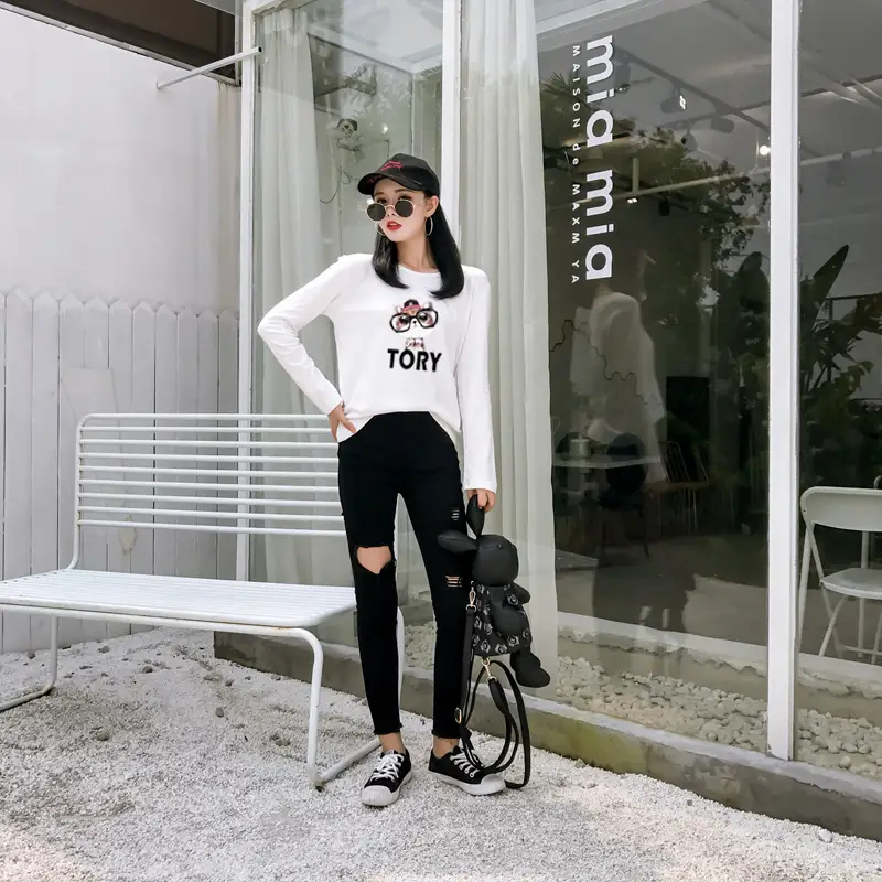 Women White Motorcycle Print Long Sleeve T-Shirt — feature 7