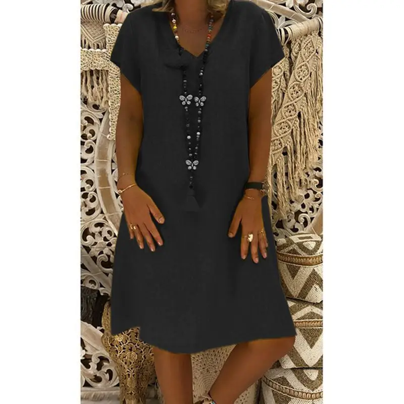 Women V-Neck Cotton Linen Dress Pink Short Sleeve